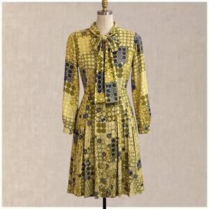 Yellow Printed Tie-Neck Midi Dress